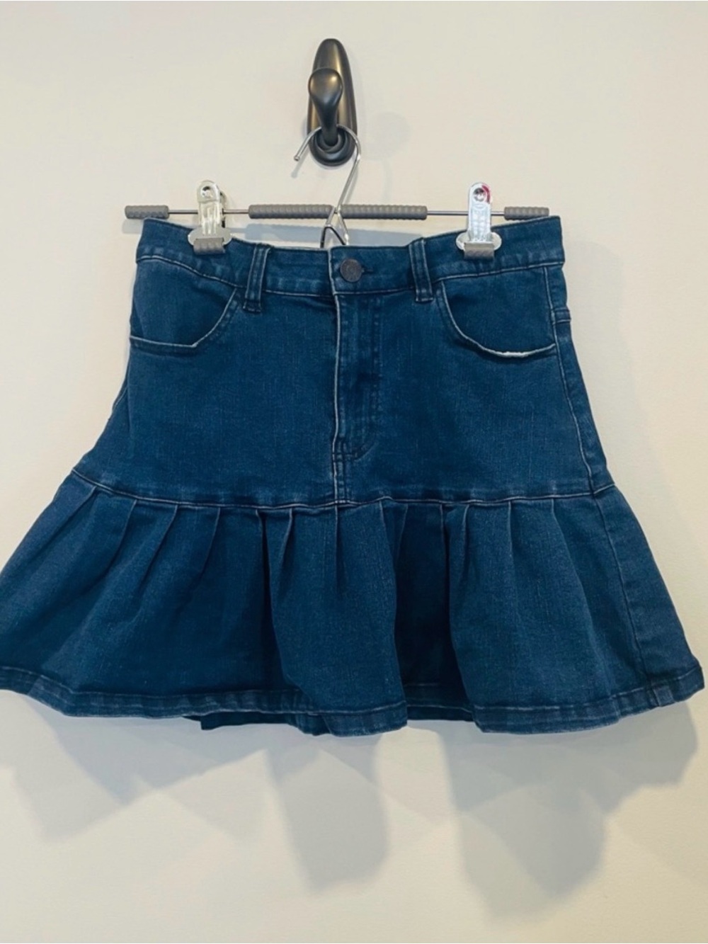 refuge Dark Blue Denim Flared Ruffle Mini Skirt